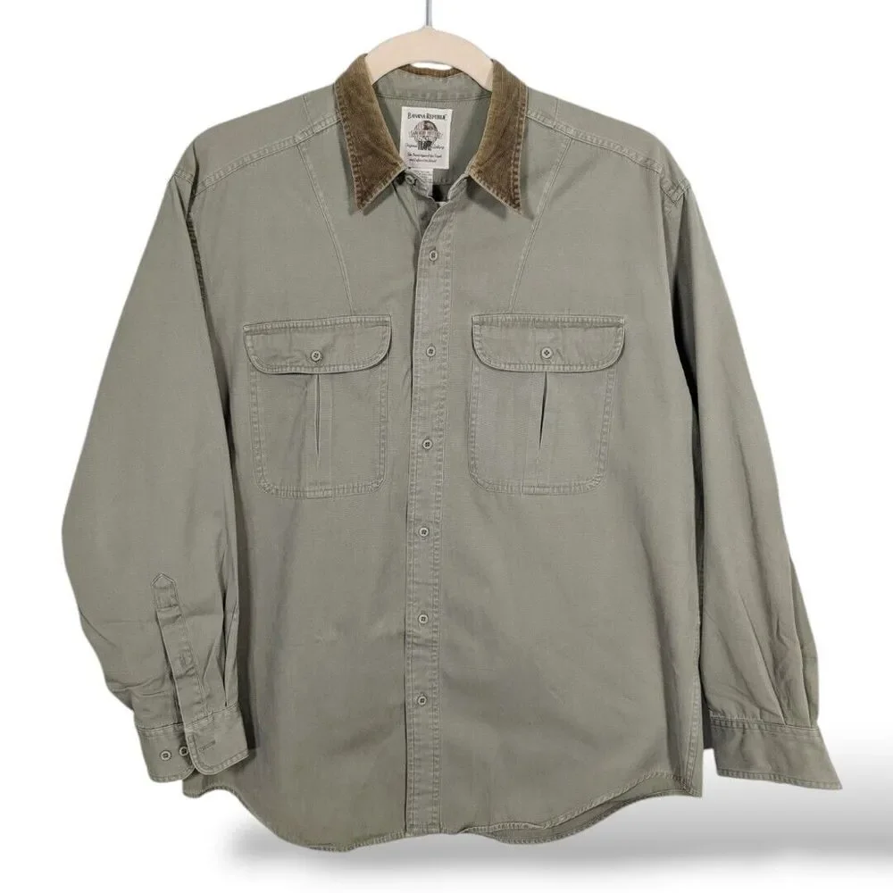 Vintage Banana Republic Original Travel Clothing Men Shirt L Green Chore Utility